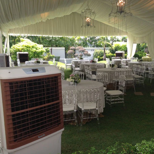 Air cooler beside a furnished event marquee