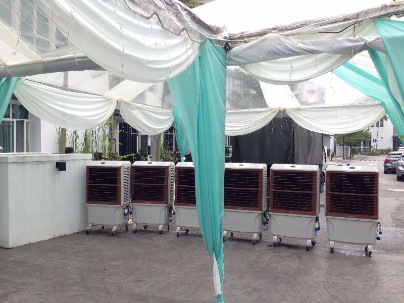 Portable air coolers beneath a white and teal event marquee